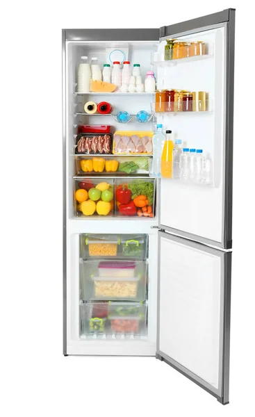 Abra Refrigerador Com Muitos Produtos Diferentes Fundo Branco — Fotografia de Stock