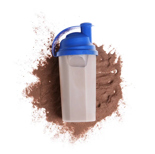Protein Shake Sport Bottle Powder White Background Top View Space — Stock Photo, Image
