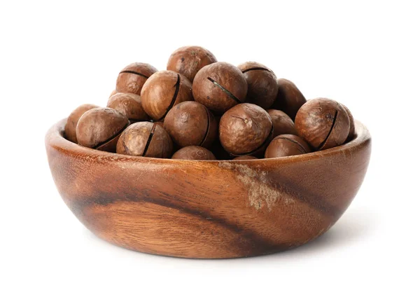 Bowl Organic Macadamia Nuts White Background — Stock Photo, Image