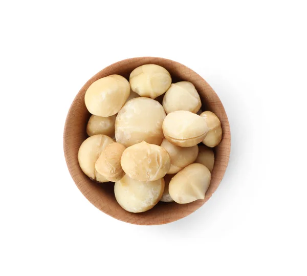 Schale Mit Geschälten Bio Macadamia Nüssen Auf Weißem Hintergrund Ansicht — Stockfoto