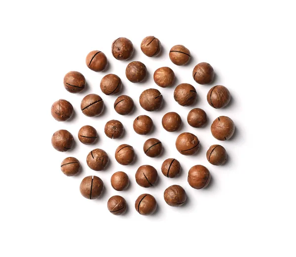 Composition Organic Macadamia Nuts White Background Top View — Stock Photo, Image