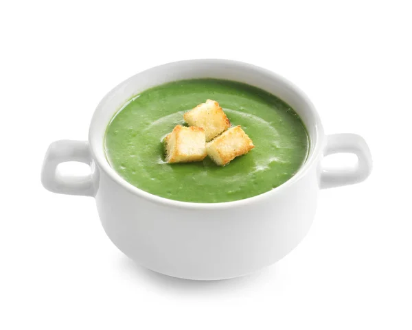Frische Gemüse Detox Suppe Mit Croutons Gericht Auf Weißem Hintergrund — Stockfoto