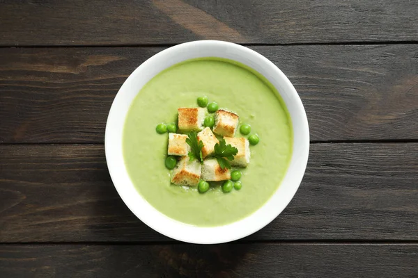 Soupe Désintoxication Aux Légumes Frais Faite Pois Verts Avec Croûtons — Photo