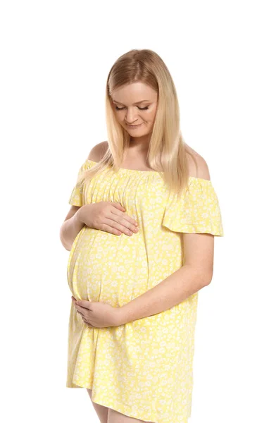 Mooie Zwangere Vrouw Jurk Witte Achtergrond — Stockfoto