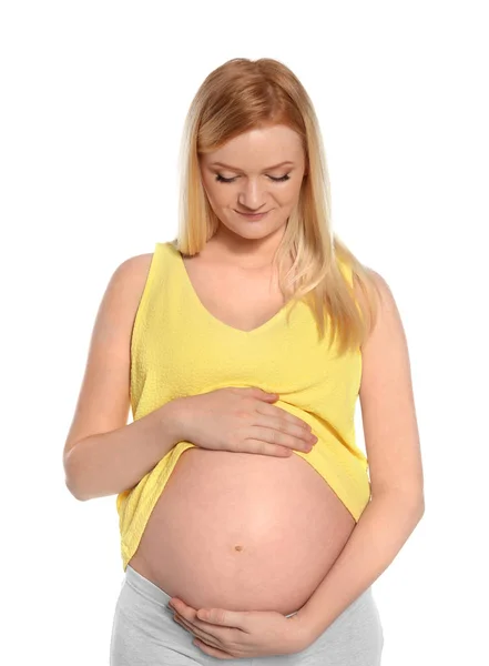 Beautiful Pregnant Woman Showing Her Tummy White Background — Stock Photo, Image