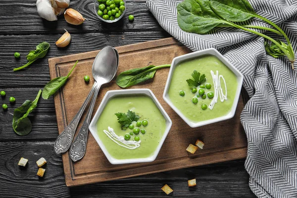 Soupe Désintoxication Aux Légumes Frais Faite Pois Verts Servis Sur — Photo