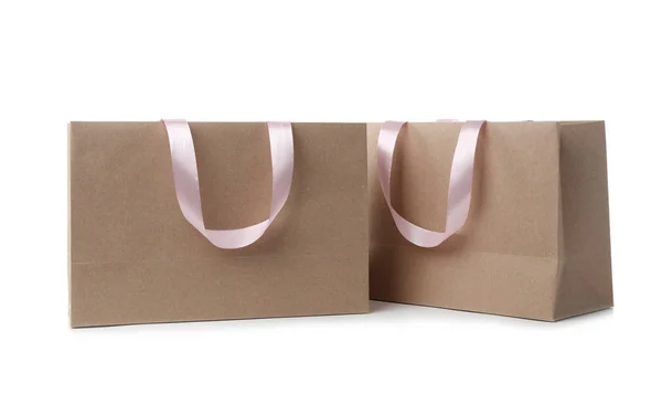 Paper Shopping Bags Ribbon Handles White Background Mockup Design — Stock Photo, Image