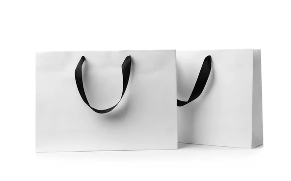 Sacos Compras Papel Com Alças Fita Fundo Branco Mockup Para — Fotografia de Stock