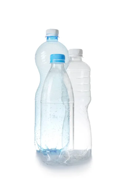 Tre Plastflaskor Vit Bakgrund Återvinna Koncept — Stockfoto