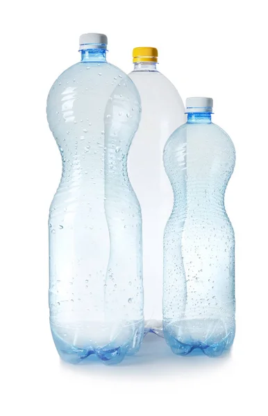 Tre Plastflaskor Vit Bakgrund Återvinna Koncept — Stockfoto