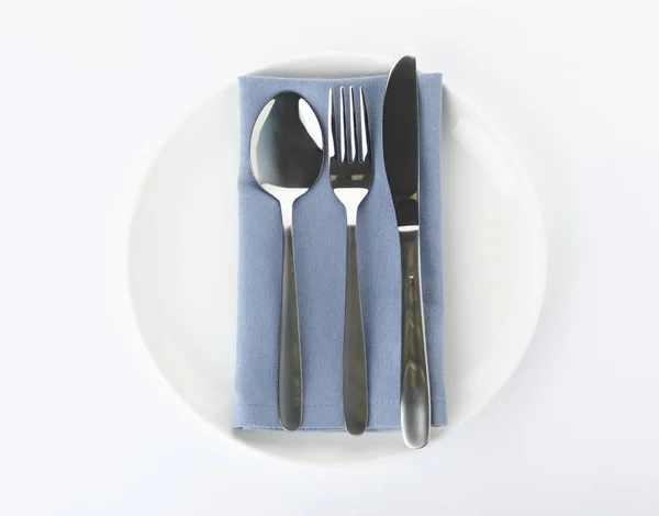 Plate Cutlery Napkin White Background Top View — Stock Photo, Image