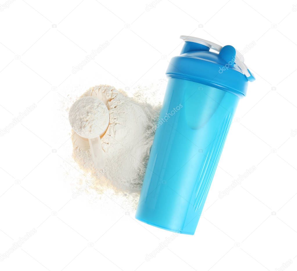 Protein shake in sport bottle and powder on white background, top view