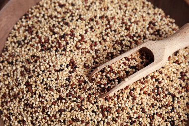 Plaka, closeup kepçe ile karışık quinoa tohumları