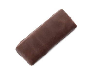 Tasty glazed protein bar on white background, top view clipart