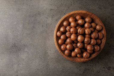 Plaka ile organik Macadamia fındık ve gri arka plan, üstten görünüm üzerinde metin için yer