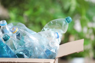 Karton kutu ile kullanılan plastik şişe üzerinde arka plan bulanık. Geri dönüşüm sorunu