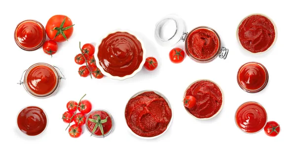 Ensemble Avec Sauce Tomate Sur Fond Blanc Vue Sur Dessus — Photo