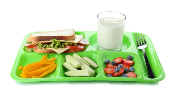 Obsługujących Taca Zdrowe Jedzenie Białym Tle Obiad Szkole — Zdjęcie stockowe