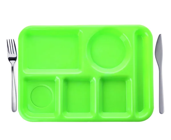 Empty Plastic Tray White Background Top View School Lunch — Stock Photo, Image