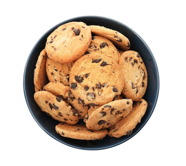 Mísa Chutná Čokoláda Čip Cookies Bílém Pozadí Pohled Shora — Stock fotografie