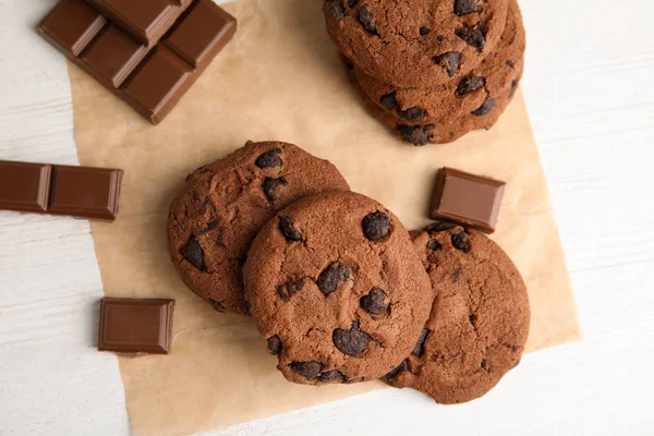 Tasty Chocolate Chip Cookies Light Background Top View — Stock Photo, Image