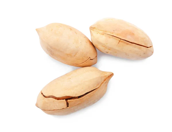 Pecannötter Med Skal Vit Bakgrund Ovanifrån Närande Mat — Stockfoto