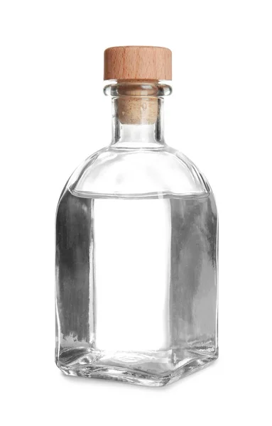 Garrafa Vidro Com Vinagre Sobre Fundo Branco — Fotografia de Stock