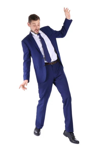 Full Length Portrait Businessman Balancing White Background — Stock Photo, Image