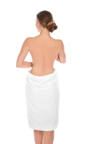 Giovane Donna Con Asciugamano Morbido Sfondo Bianco — Foto Stock