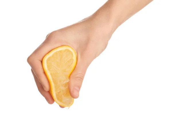 Woman Squeezing Fresh Lemon Juice Isolated White Closeup — Stock Photo, Image