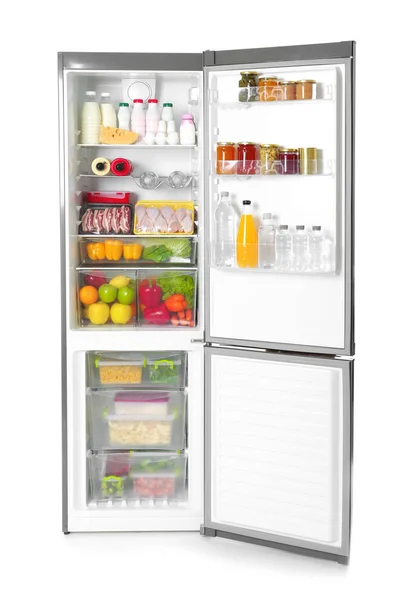 Abra Refrigerador Com Muitos Produtos Diferentes Fundo Branco — Fotografia de Stock