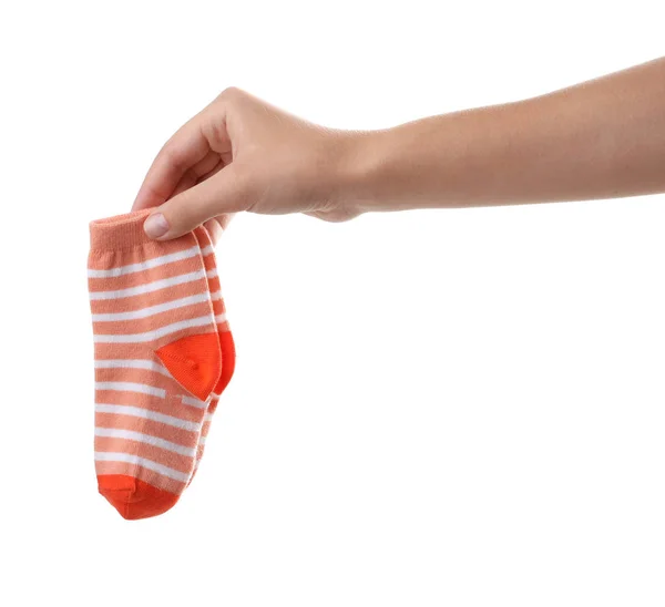 Žena Držící Roztomilé Dětské Ponožky Bílém Pozadí Closeup — Stock fotografie