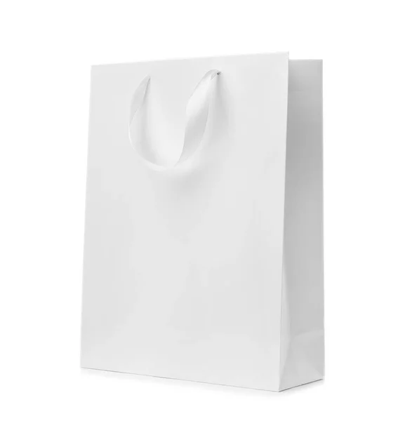 Saco Compras Papel Com Alças Fita Fundo Branco Mockup Para — Fotografia de Stock