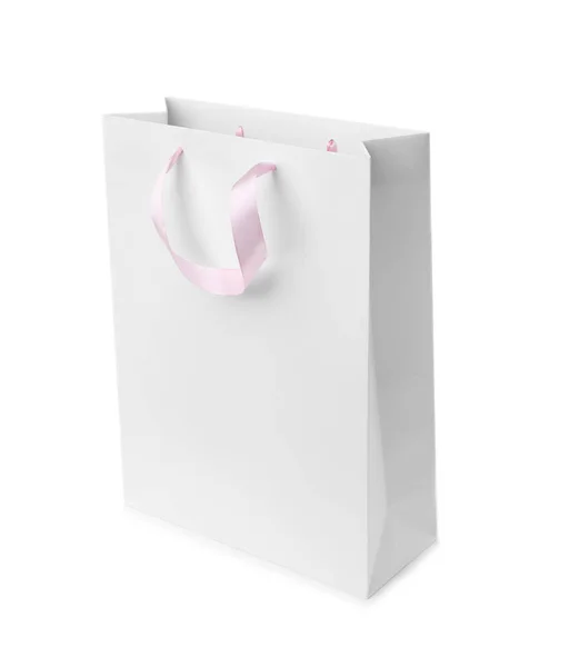Τσάντα Για Ψώνια Χαρτί Κορδέλα Χειρολαβές Πάνω Λευκό Φόντο Κοροϊδεύω — Φωτογραφία Αρχείου