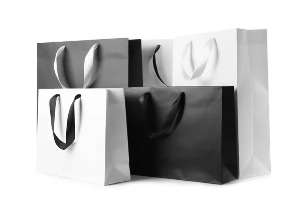 Sacos Compras Papel Com Alças Fita Fundo Branco Mockup Para — Fotografia de Stock