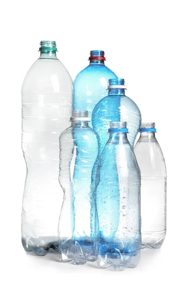 Plastflaskor Vit Bakgrund Återvinna Koncept — Stockfoto