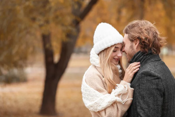 Mladý Pár Romantických Parku Podzimní Den — Stock fotografie