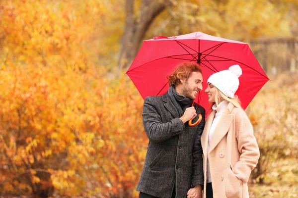 Jovem Casal Romântico Com Guarda Chuva Parque Dia Outono — Fotografia de Stock