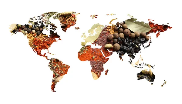 Mappa Del Mondo Diverse Spezie Aromatiche Sfondo Bianco Collezione Creativa — Foto Stock