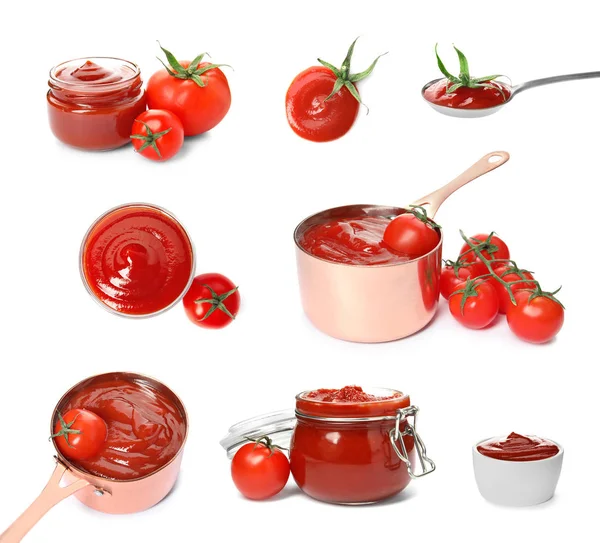 Ensemble Avec Sauce Tomate Sur Fond Blanc — Photo