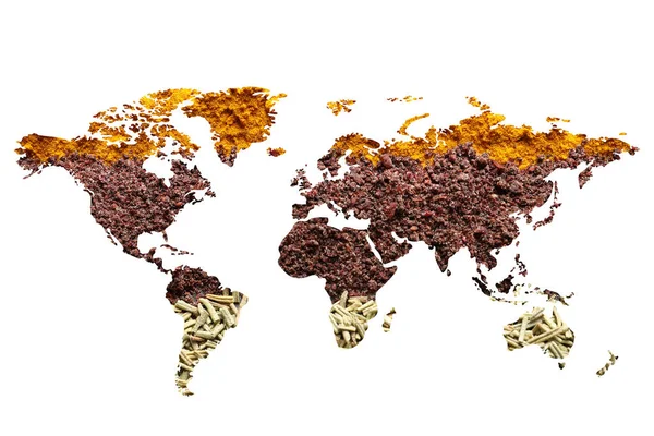 Mapa Mundo Diferentes Especiarias Aromáticas Sobre Fundo Branco Coleção Criativa — Fotografia de Stock