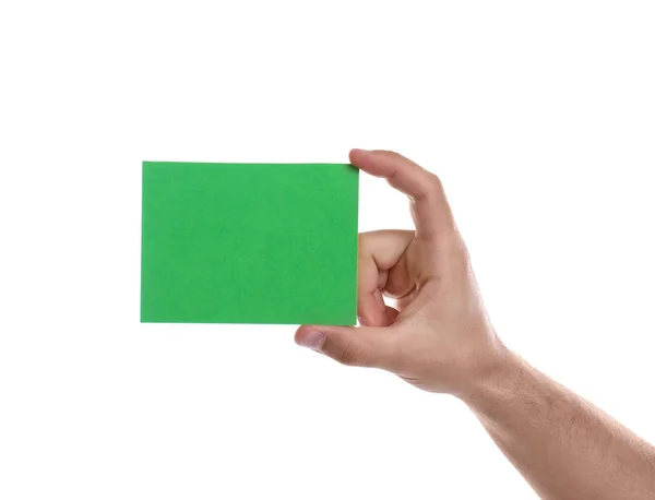 Beyaz Arka Plan Üzerinde Closeup Yeşil Kart Tutan Futbol Hakemi — Stok fotoğraf