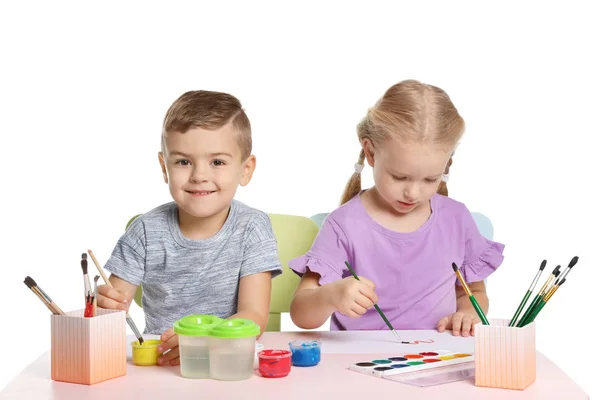 Cute Children Painting Picture Table White Background — Stock Photo, Image