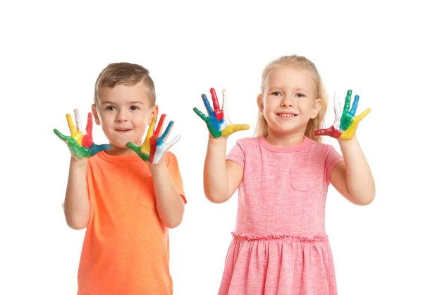 Little Children Painted Hands White Background — Stock Photo, Image