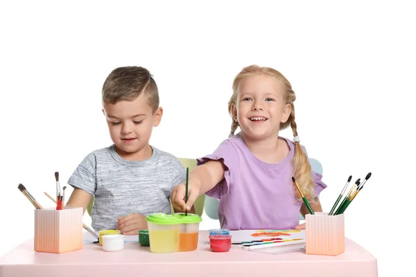 Cute Children Painting Picture Table White Background — Stock Photo, Image