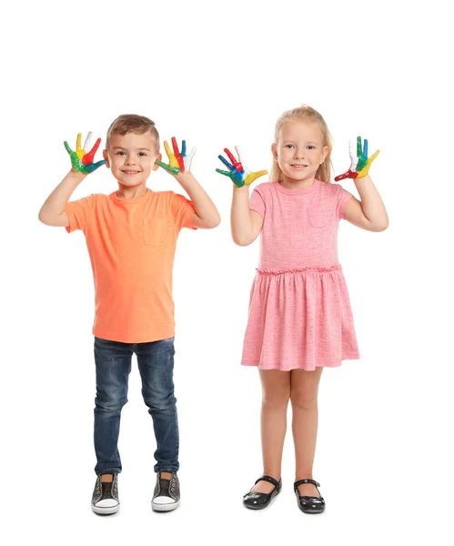 Bambini Piccoli Con Mani Dipinte Sfondo Bianco — Foto Stock