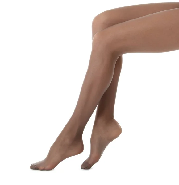 Nogi Piękną Młodą Kobietę Rajstopy Białym Tle Zbliżenie — Zdjęcie stockowe