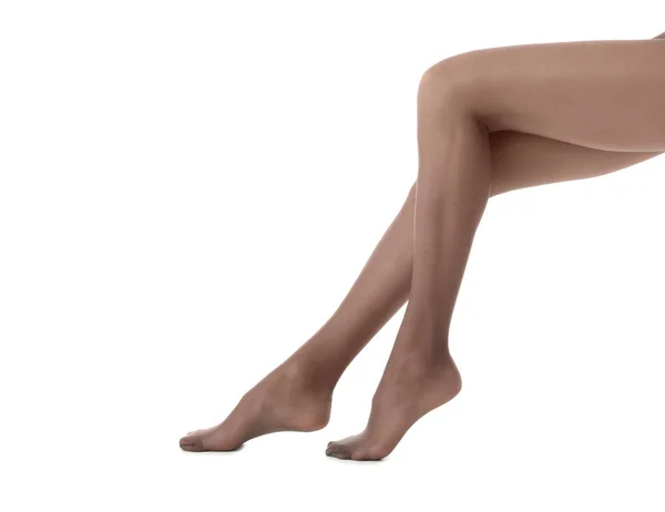 Nogi Piękną Młodą Kobietę Rajstopy Białym Tle Zbliżenie — Zdjęcie stockowe