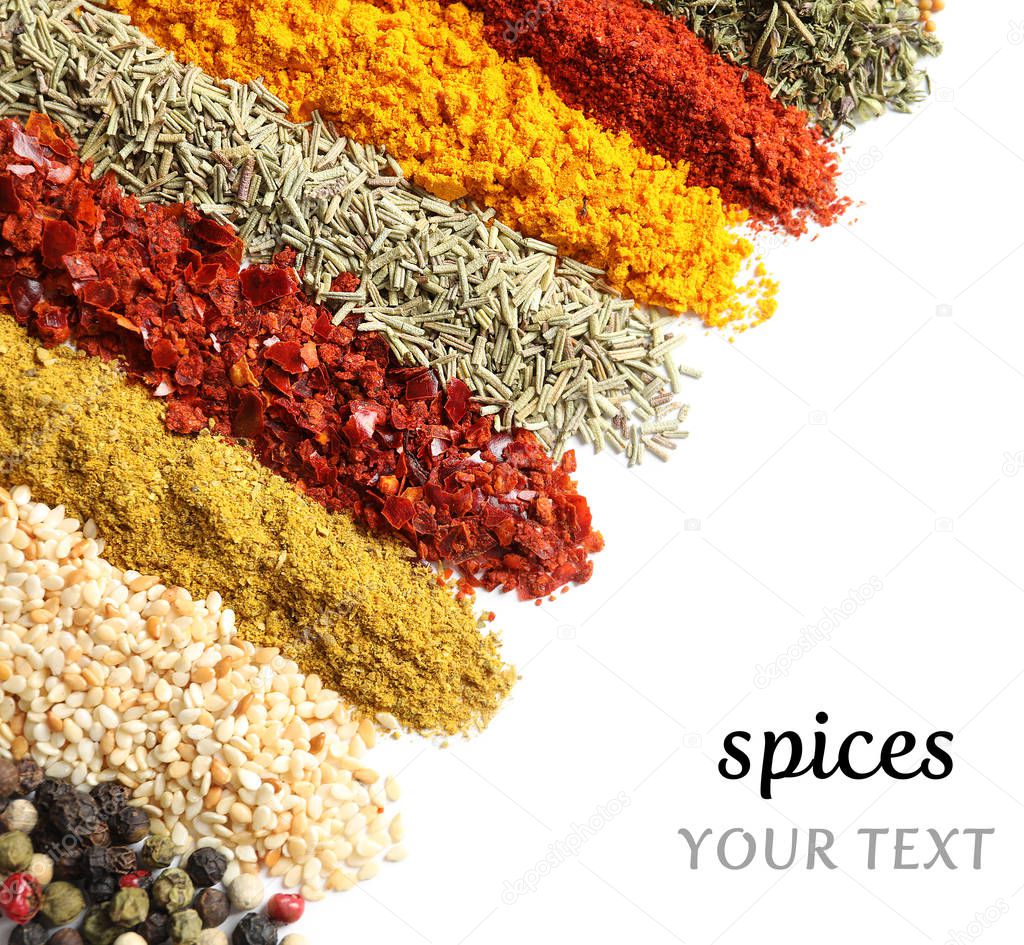 Set of different spices and herbs with space for text on white background