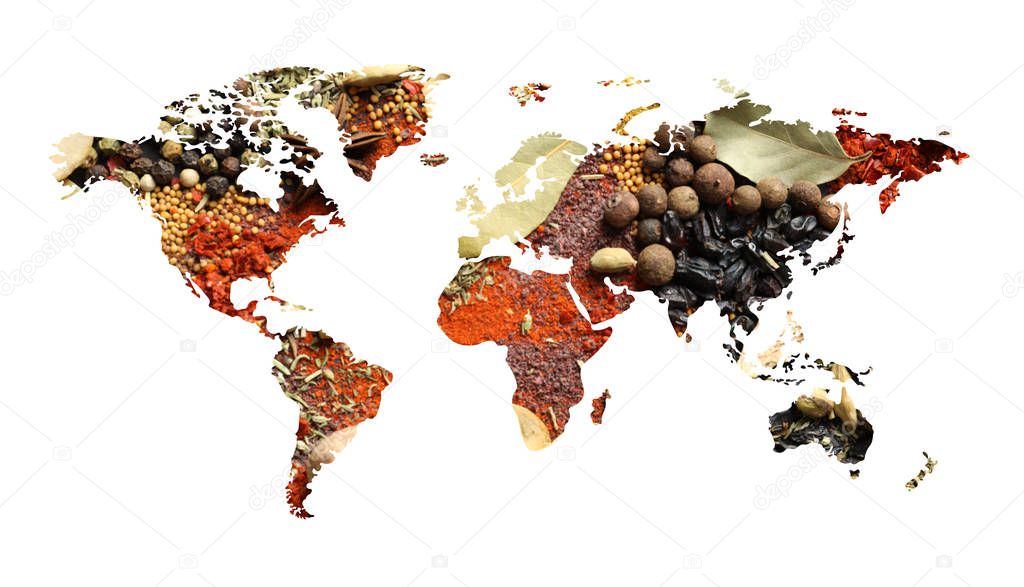 World map of different aromatic spices on white background. Creative collection